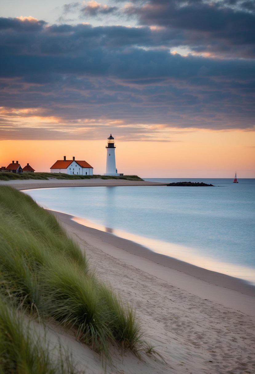 A serene beach on Sylt Island, with grassy dunes, a lighthouse, and a picturesque sunset over the North Sea