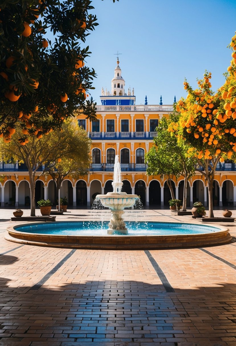 A sunny plaza in Seville, with orange trees, colorful buildings, and a fountain