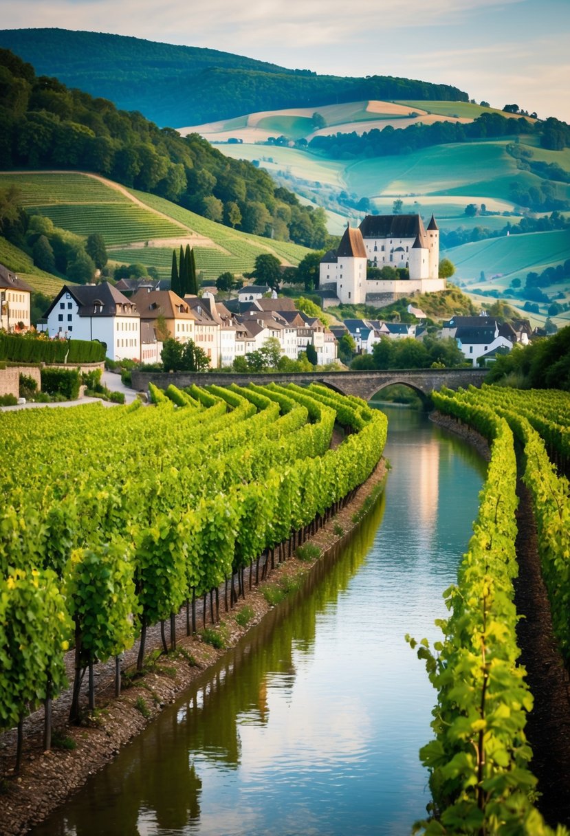Lush vineyards line the Moselle River, with charming villages nestled in the valley beneath rolling hills and a picturesque castle in the distance