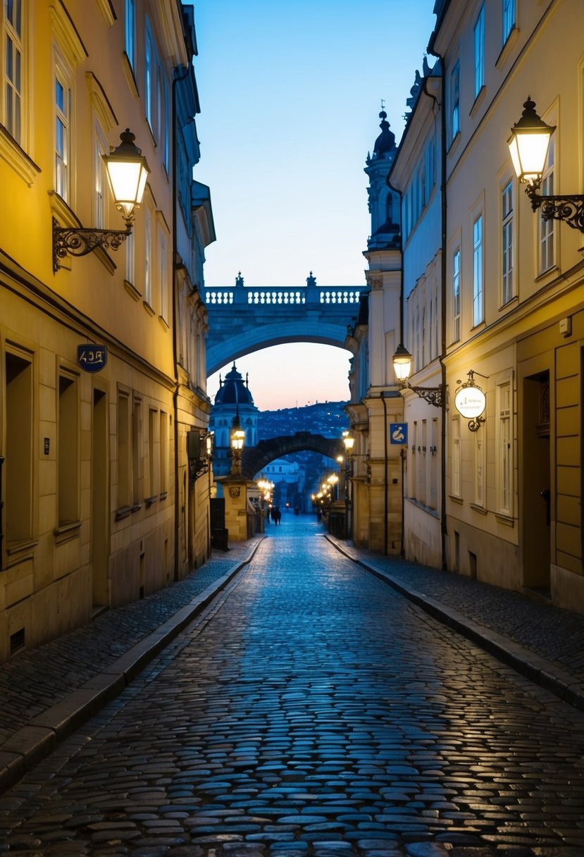 A charming cobblestone street in Prague, lined with historic buildings and illuminated by soft streetlights, with the iconic Charles Bridge in the background