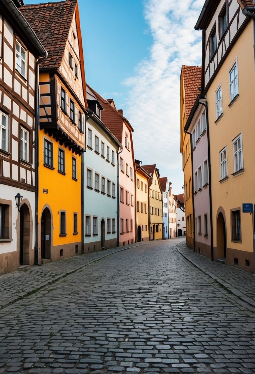 A charming cobblestone street lined with colorful half-timbered houses in Bamberg Old Town, Bavaria