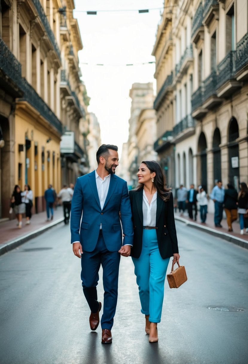 A couple strolling through colorful streets of Buenos Aires, with tango music filling the air and historic architecture in the background