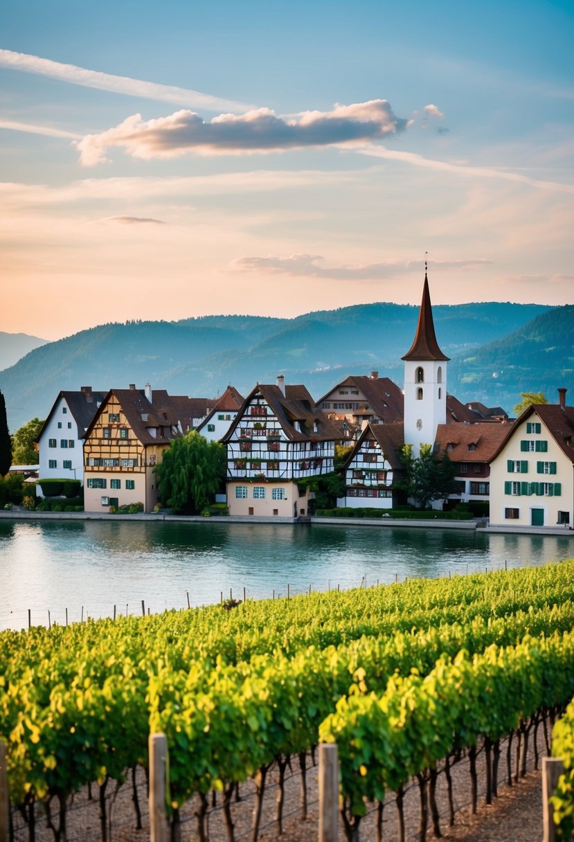 A picturesque view of Meersburg, with its charming half-timbered houses and vineyards overlooking Lake Constance, creating a romantic atmosphere for honeymooners