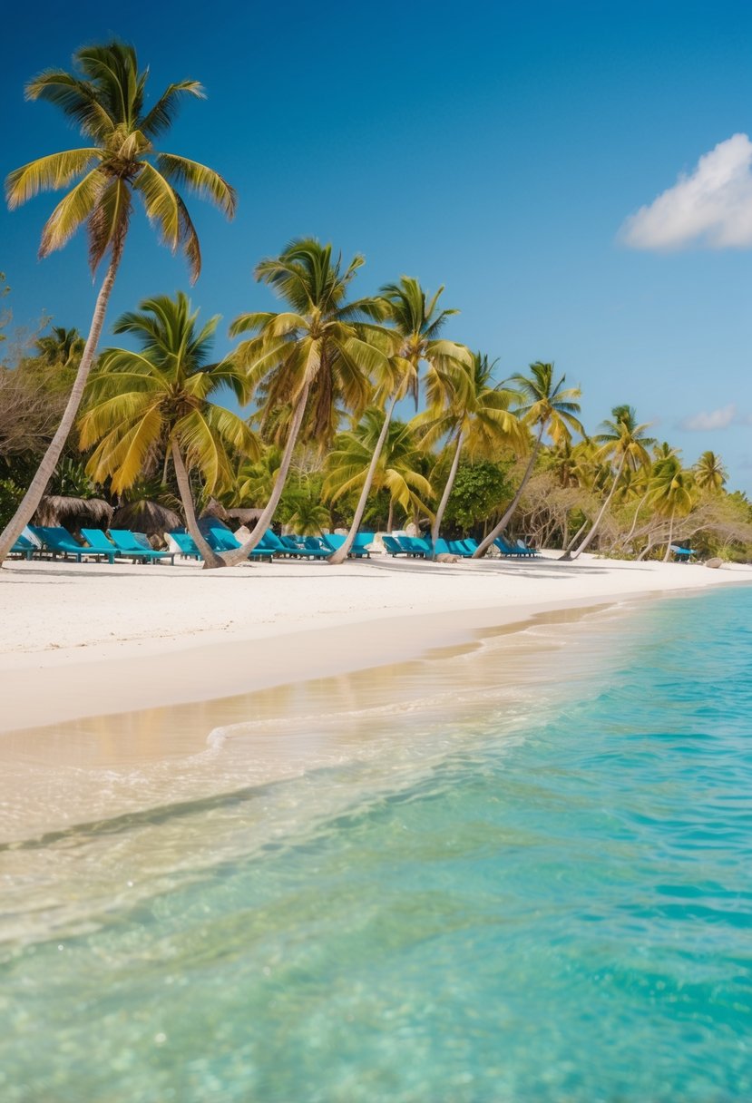 A serene beach at Tulum, Mexico with crystal-clear waters, white sand, and lush palm trees, perfect for a romantic honeymoon getaway in March