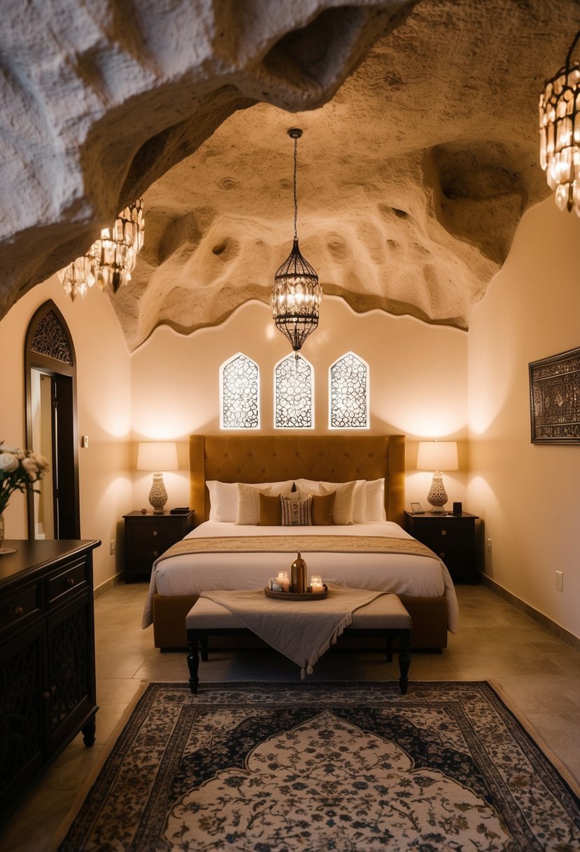 A cave suite in Cappadocia, Turkey, with a cozy interior, soft lighting, and Islamic-inspired decor, creating a romantic honeymoon setting for Muslim couples