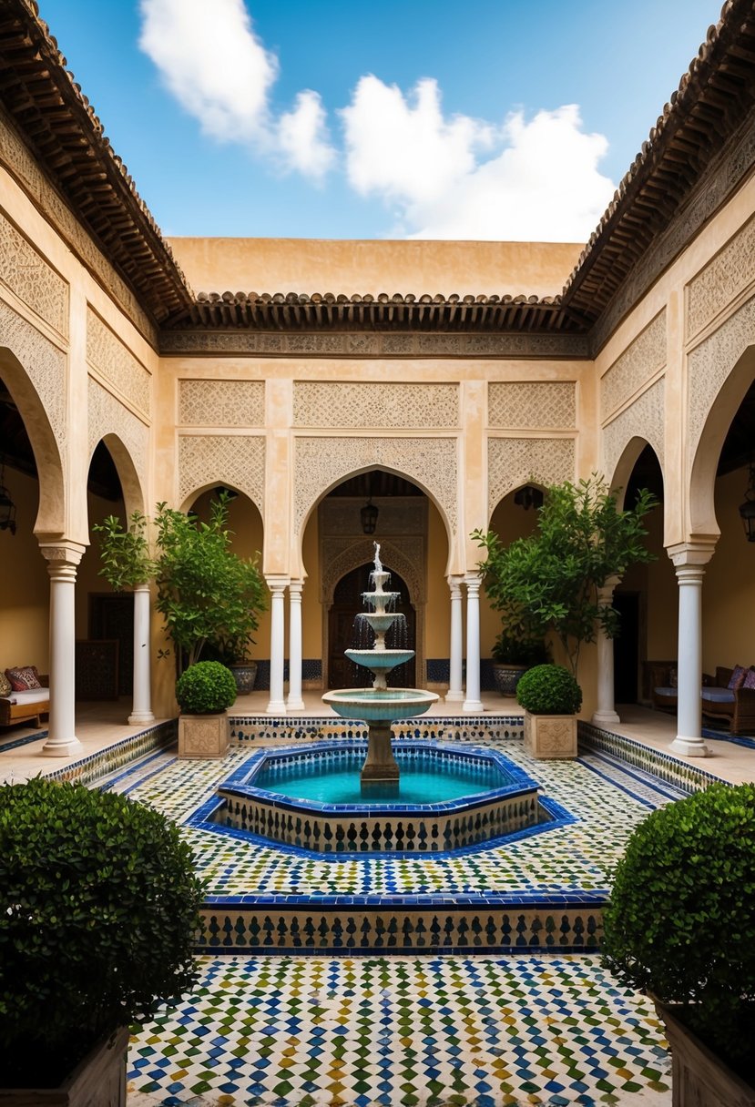 A traditional Moroccan riad courtyard with ornate tilework, lush greenery, and a central fountain
