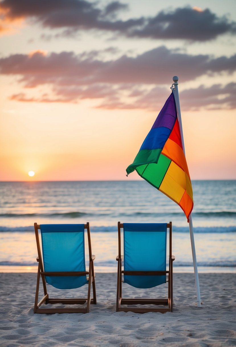 A serene beach at sunset with two beach chairs and a colorful umbrella, overlooking the ocean with a rainbow flag flying in the breeze
