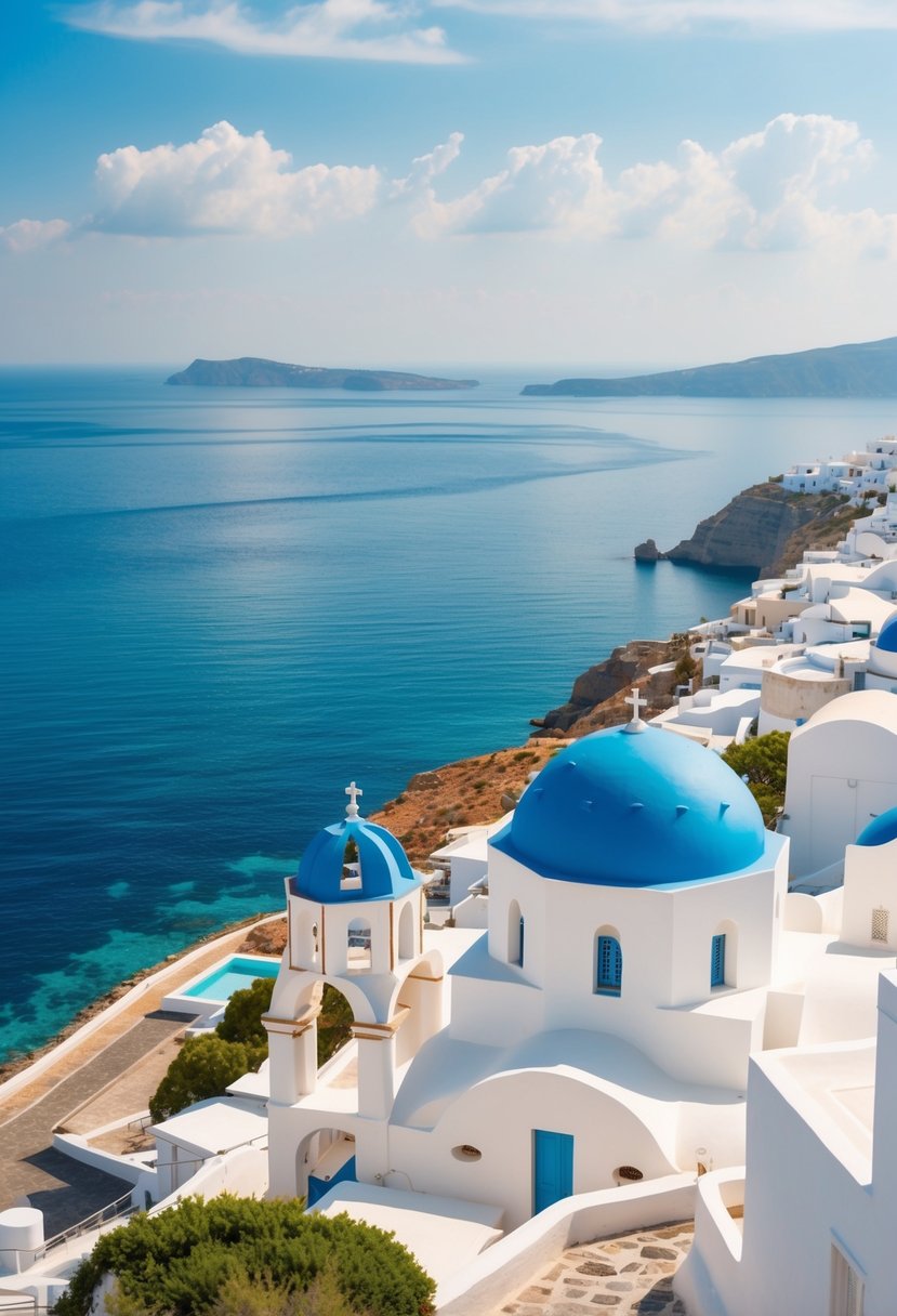 A picturesque coastal town with white buildings and blue domes overlooking the crystal-clear waters of the Aegean Sea