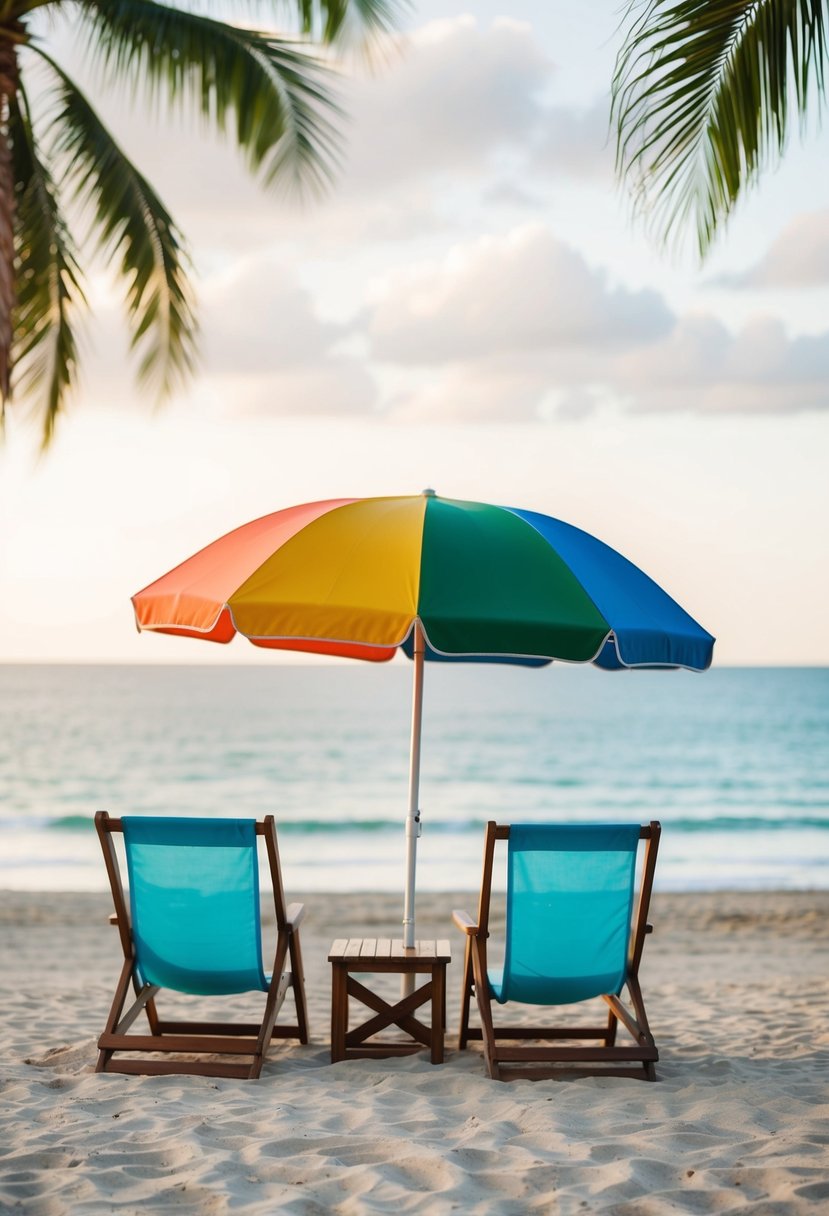 A serene beach with two beach chairs, a colorful umbrella, and a view of the ocean and palm trees in the background