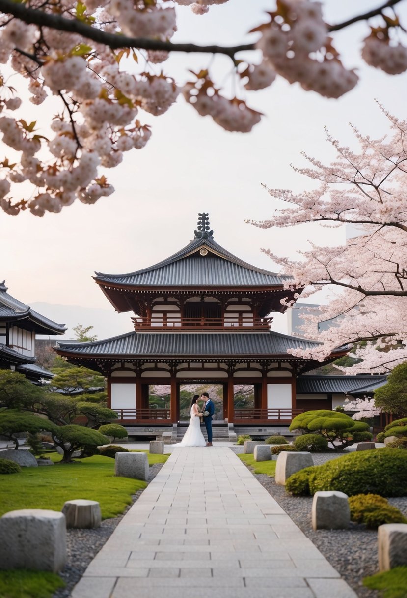A serene Kyoto garden with traditional Japanese architecture and cherry blossoms, welcoming to all couples