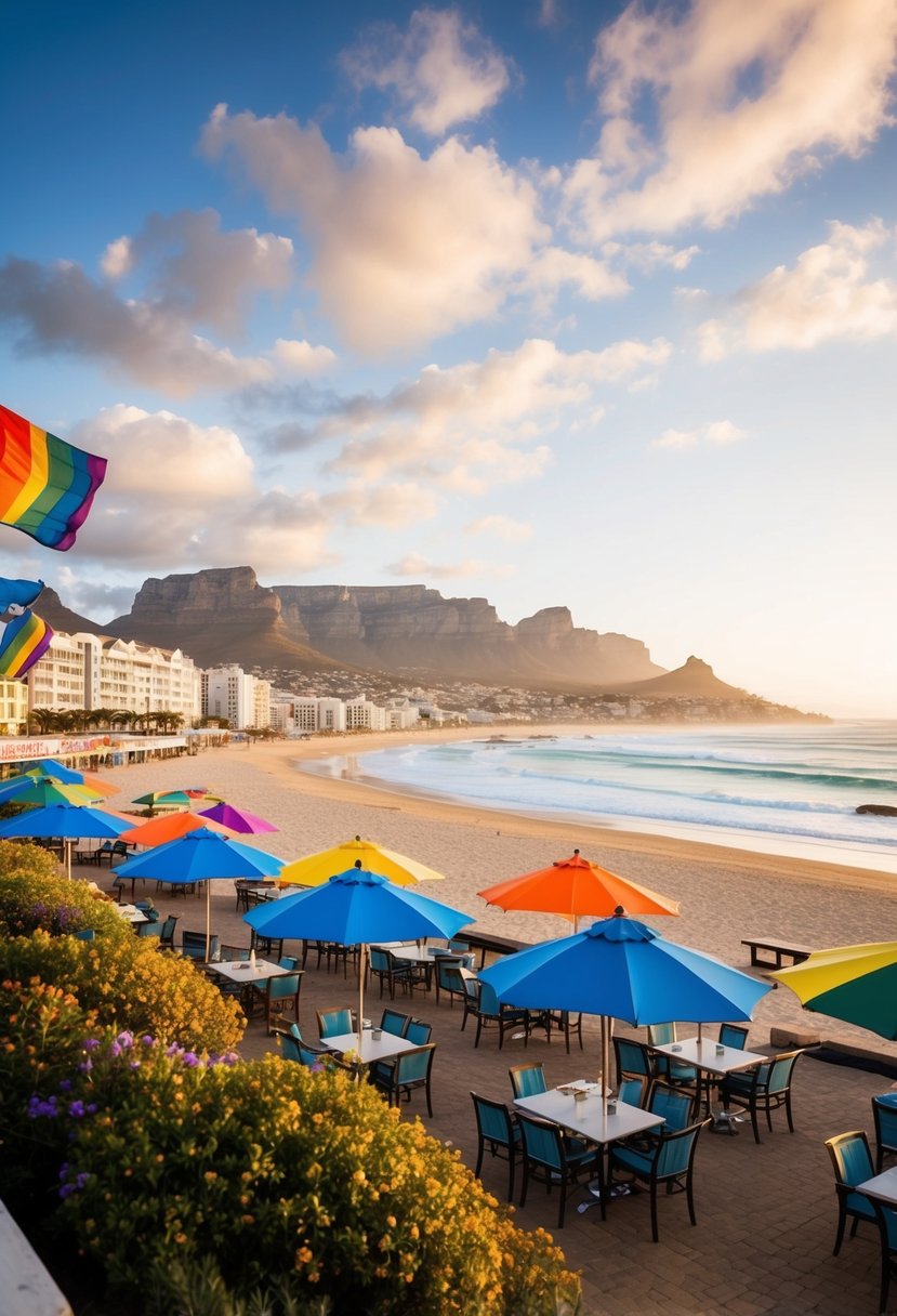 A picturesque beach in Cape Town, with colorful umbrellas and rainbow flags fluttering in the breeze, surrounded by welcoming cafes and boutique hotels