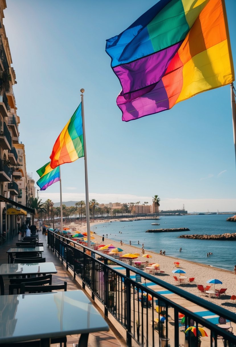 A sunny beach in Barcelona with rainbow flags flying over the waterfront cafes and vibrant LGBTQ+ friendly neighborhoods