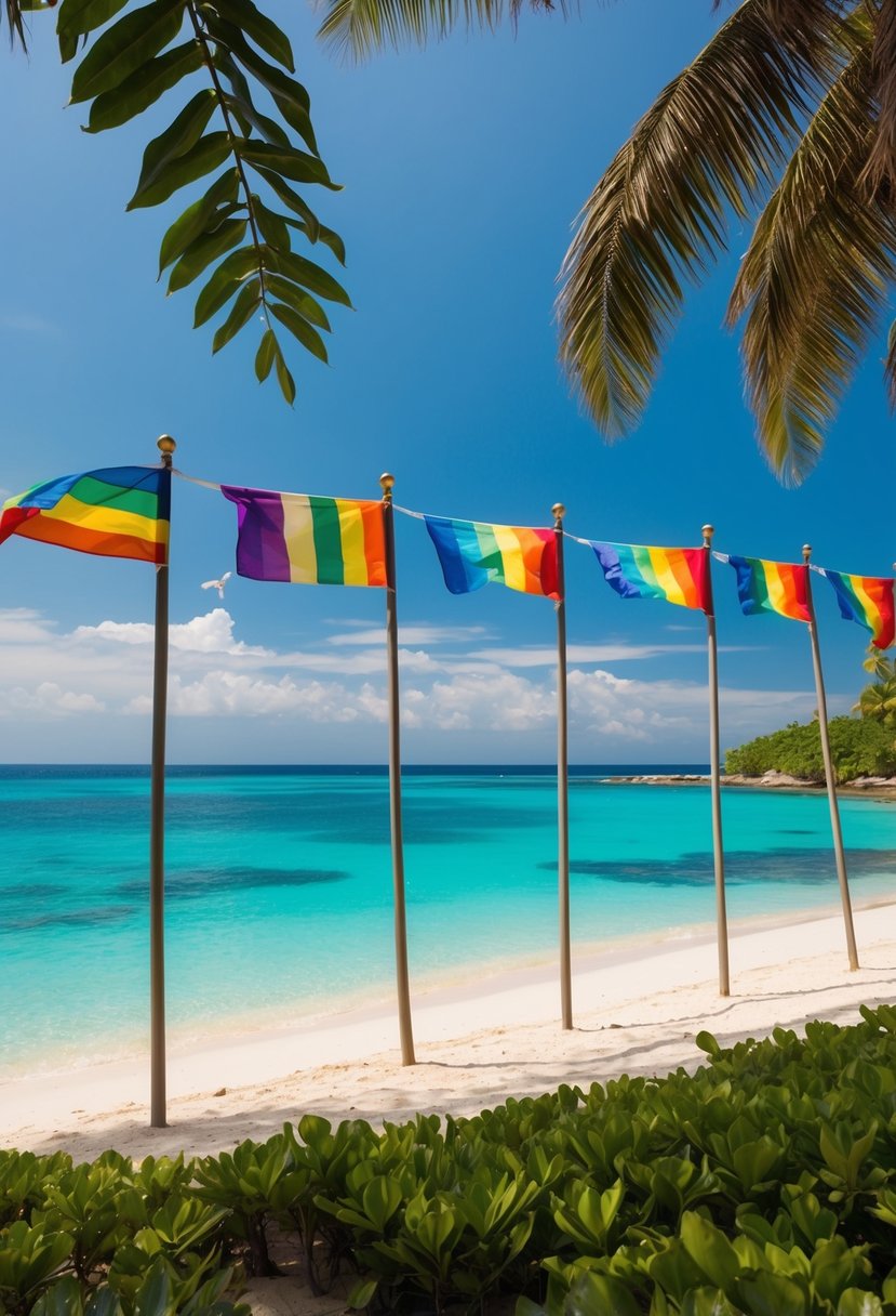 A serene beach with rainbow flags fluttering in the breeze, surrounded by lush tropical vegetation and crystal-clear turquoise waters