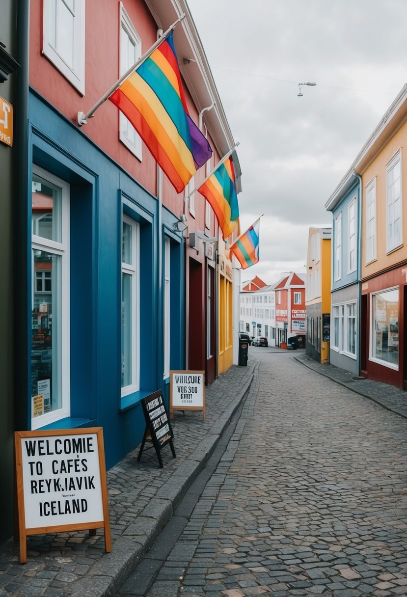 A colorful street in Reykjavik, Iceland with rainbow flags and welcoming signs outside of shops and cafes