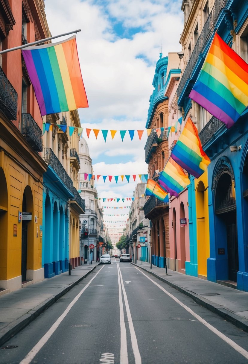 A colorful street in Buenos Aires, lined with vibrant buildings and rainbow flags, showcasing the city's LGBTQ+ friendly atmosphere