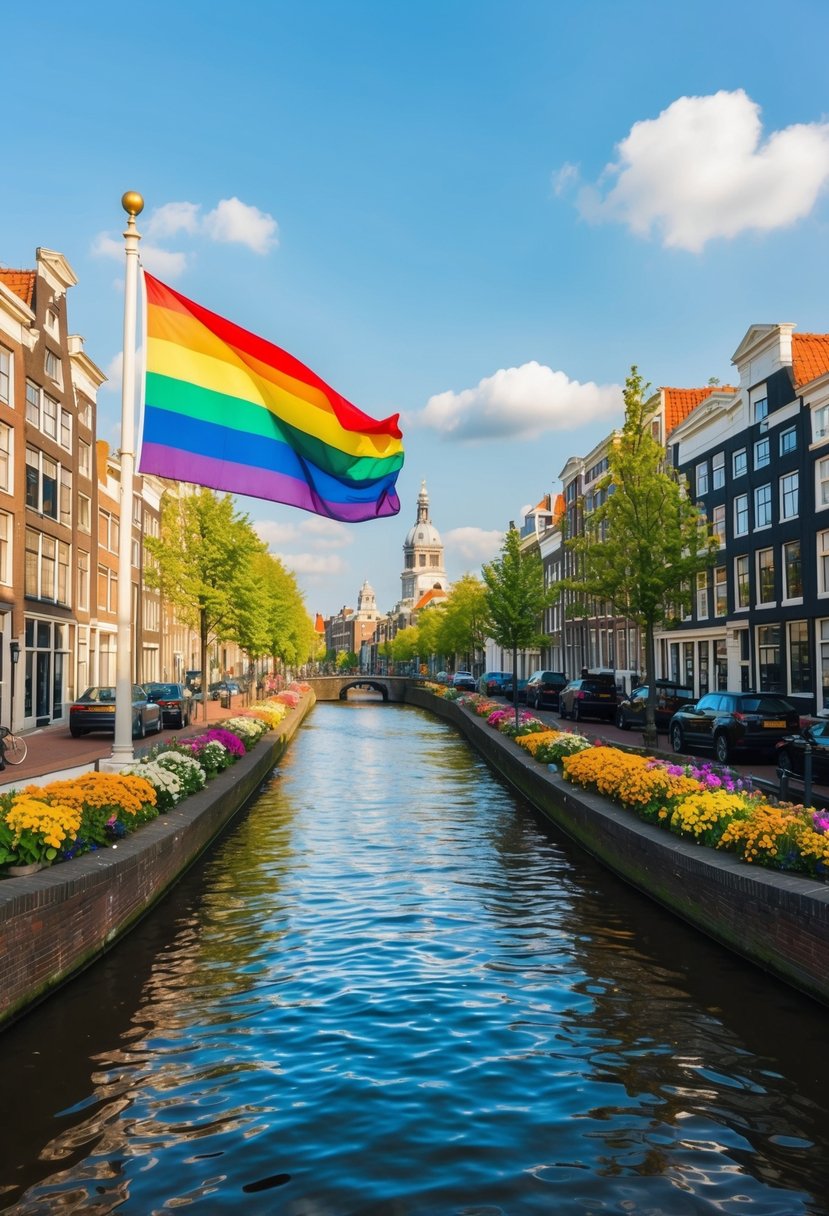 A picturesque canal in Amsterdam, lined with colorful buildings and blooming flowers, with a rainbow flag flying proudly in the gentle breeze