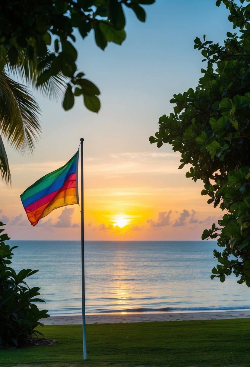 A serene beach at sunset, with a rainbow flag flying high, surrounded by lush greenery and a clear blue ocean in the background