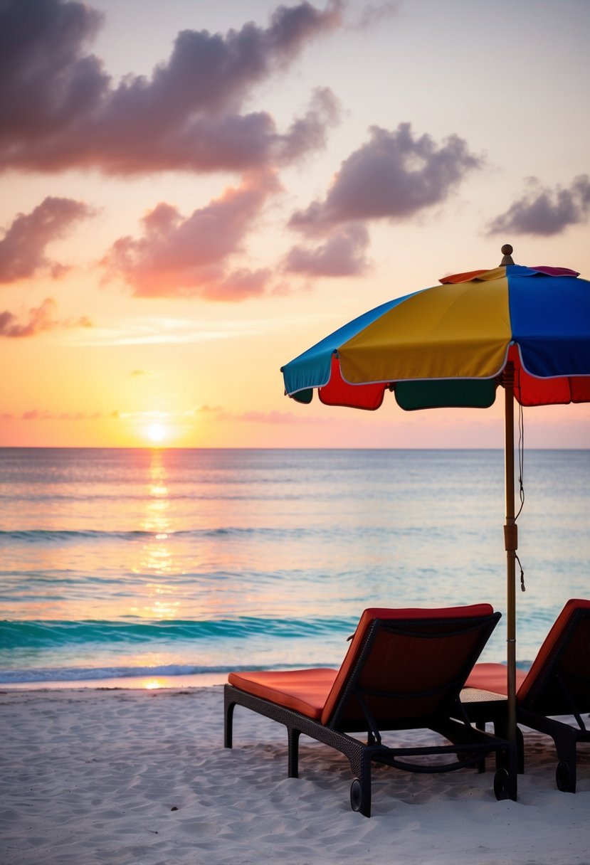 A serene beach at sunset with two lounge chairs and a colorful umbrella, overlooking the crystal-clear waters of Tulum, Mexico