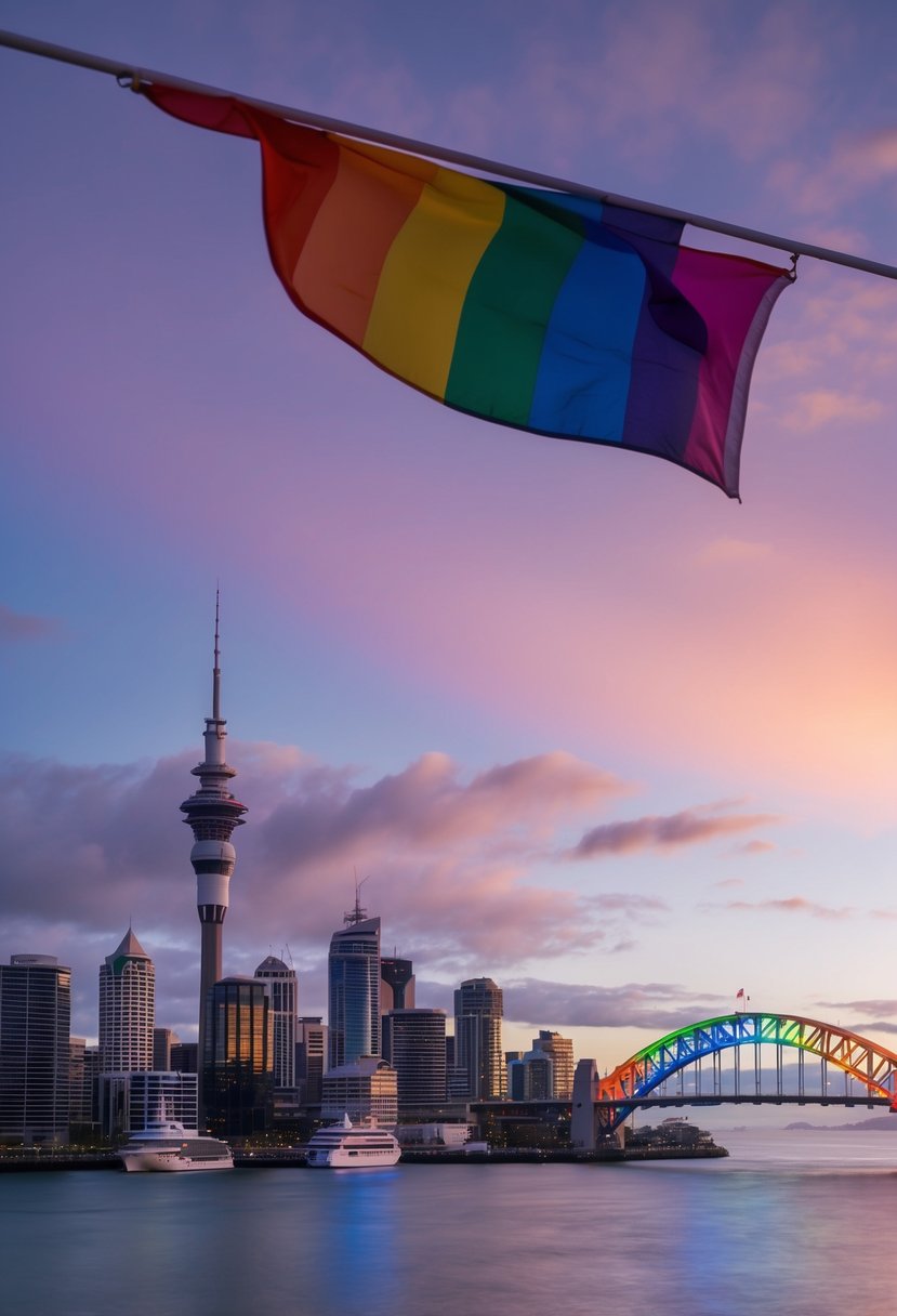 Auckland skyline at sunset with rainbow flags flying from buildings and a rainbow-colored bridge over the harbor