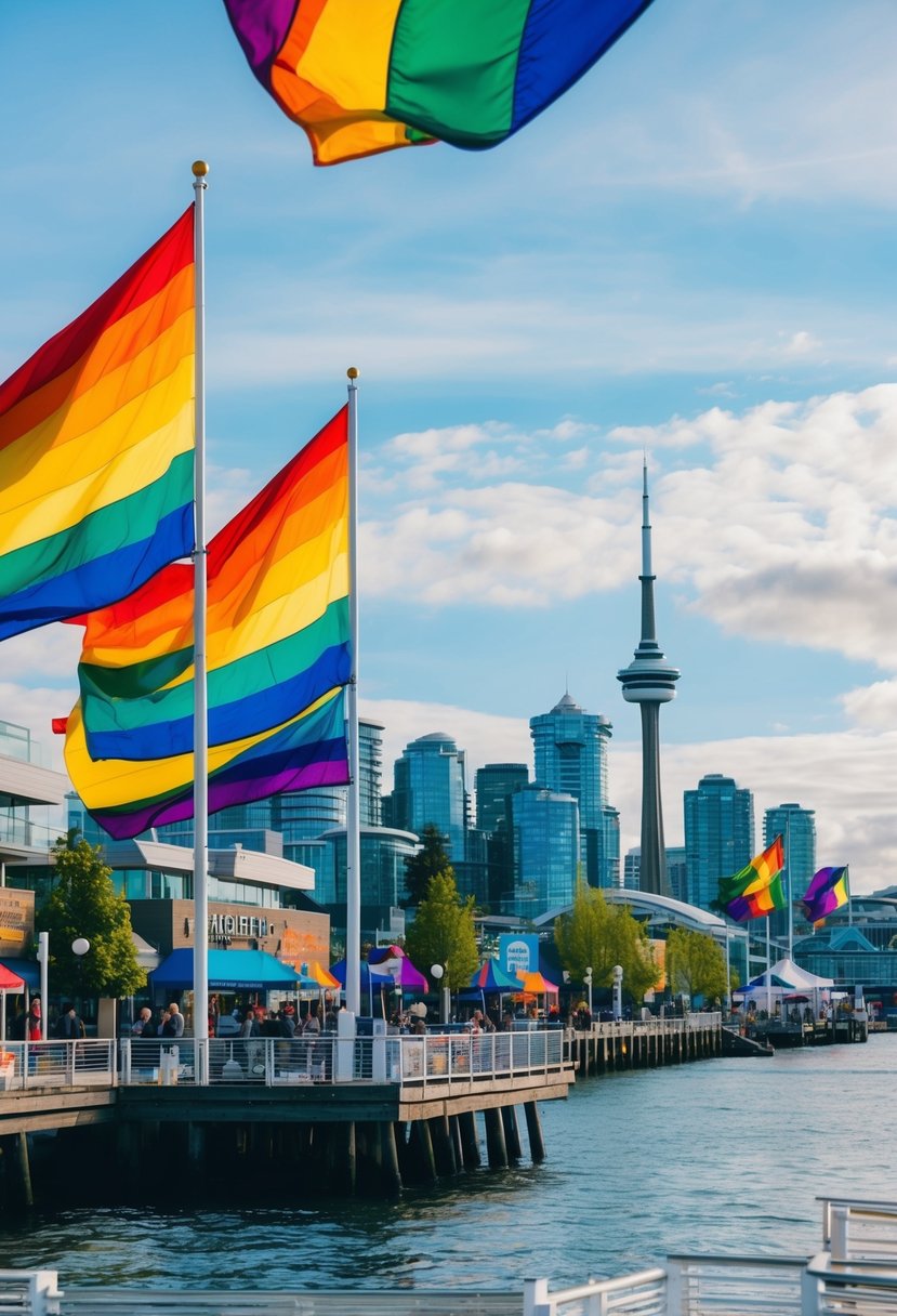 A scenic view of Vancouver's waterfront with colorful rainbow flags flying in the breeze, surrounded by inclusive and welcoming businesses and attractions