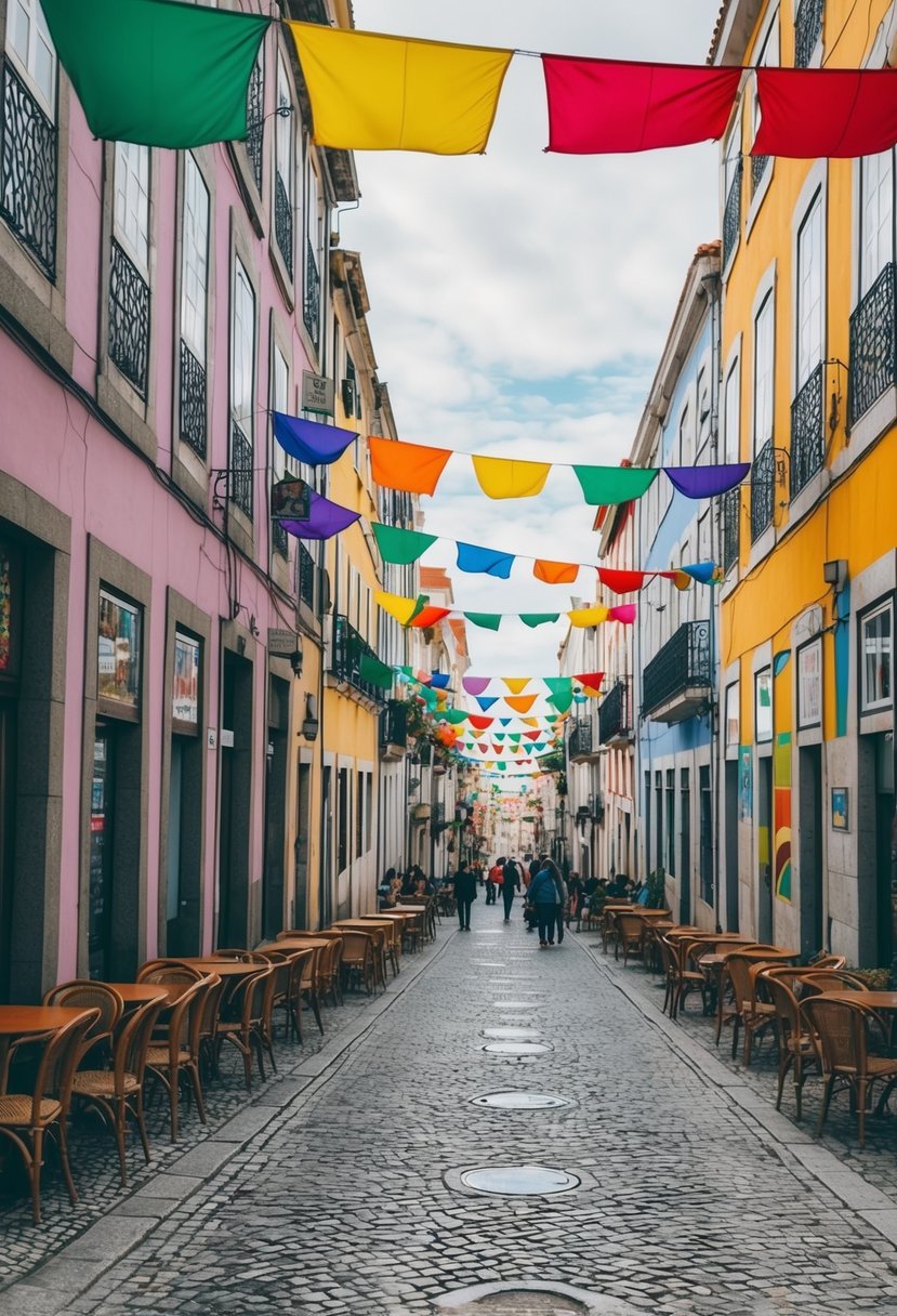 A colorful street in Lisbon, Portugal with rainbow flags hanging from buildings, outdoor cafes, and cobblestone streets