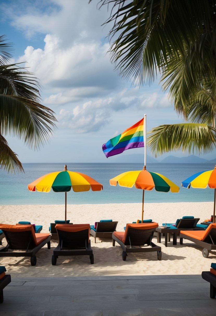 A tranquil beach resort in Bali, with colorful umbrellas and loungers facing the ocean. A rainbow flag flutters in the breeze, symbolizing a welcoming and inclusive atmosphere