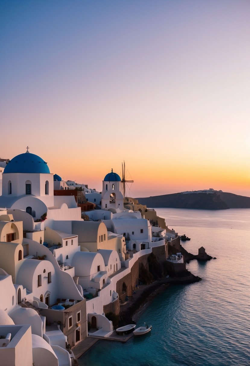 A picturesque sunset over the whitewashed buildings of Santorini, with the iconic blue domes and crystal-clear waters