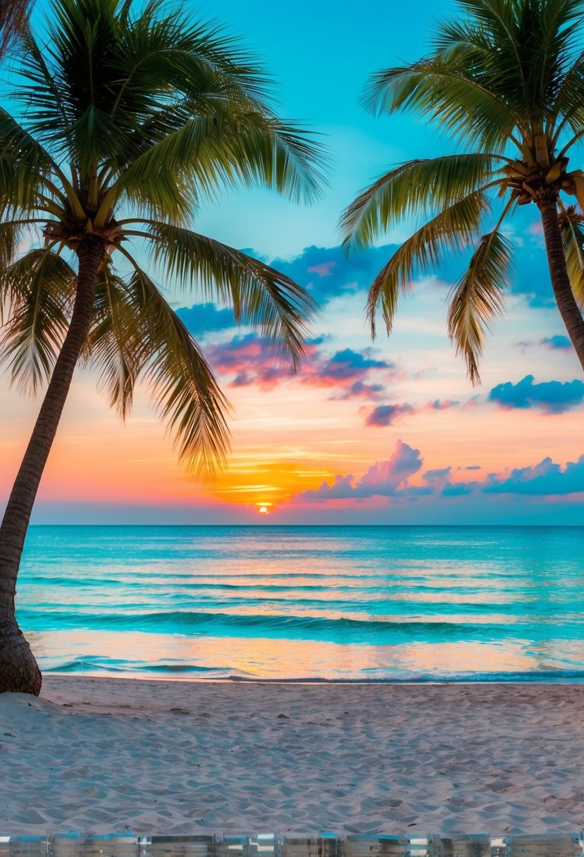 A serene beach with palm trees, turquoise waters, and a colorful sunset in the background