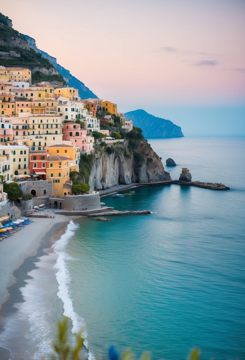 A tranquil beach at Amalfi Coast, with colorful houses perched on the cliffs and the azure sea stretching to the horizon
