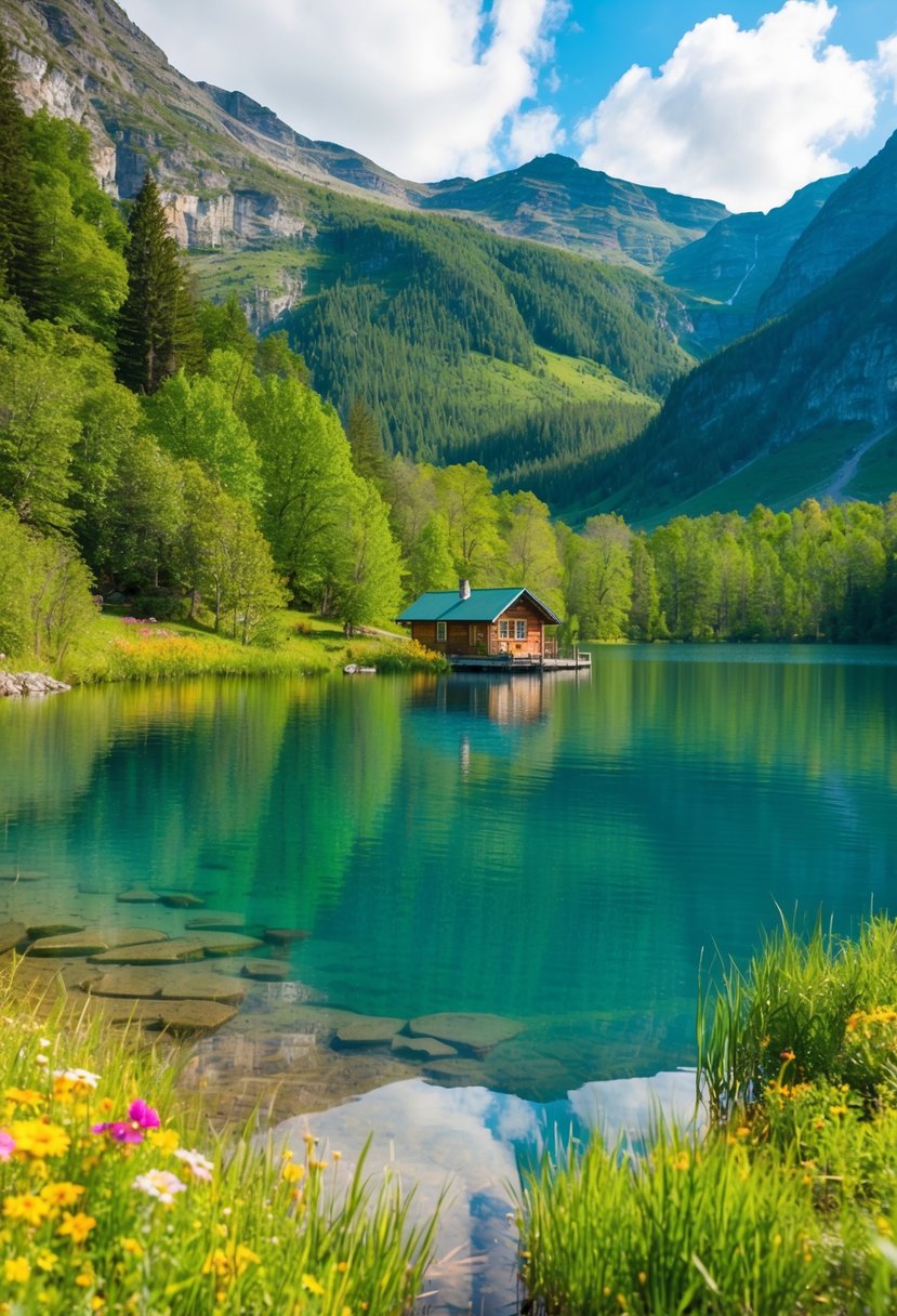 A serene lake nestled in the mountains, surrounded by lush greenery and colorful wildflowers. A quaint cabin sits on the water's edge, offering a peaceful retreat for honeymooners