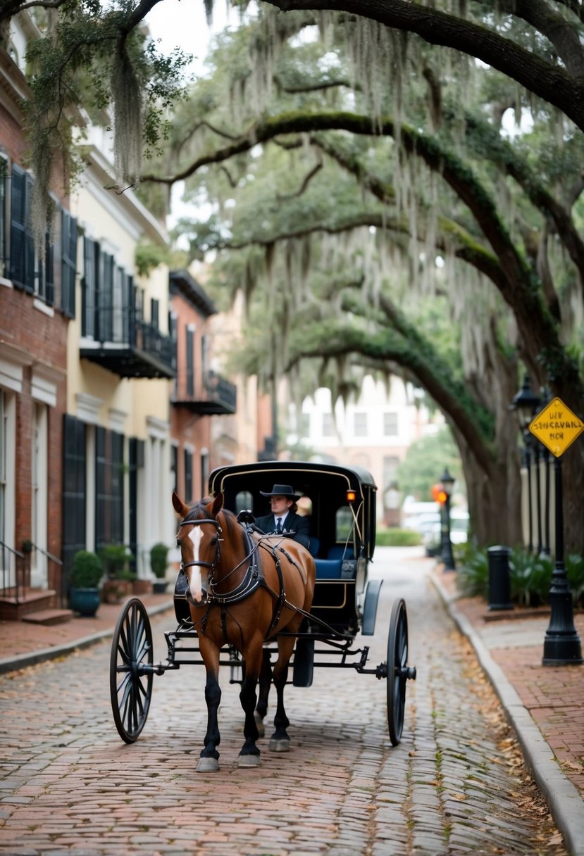 A horse-drawn carriage rides down cobblestone streets past historic buildings in the Savannah Historic District. Live oaks and Spanish moss line the streets