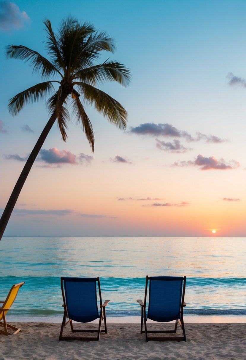 A beach at sunset with palm trees, crystal-clear water, and a couple of beach chairs facing the ocean