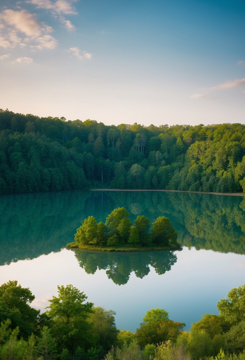 A serene lake surrounded by lush greenery and a secluded island, perfect for a romantic honeymoon getaway in Georgia