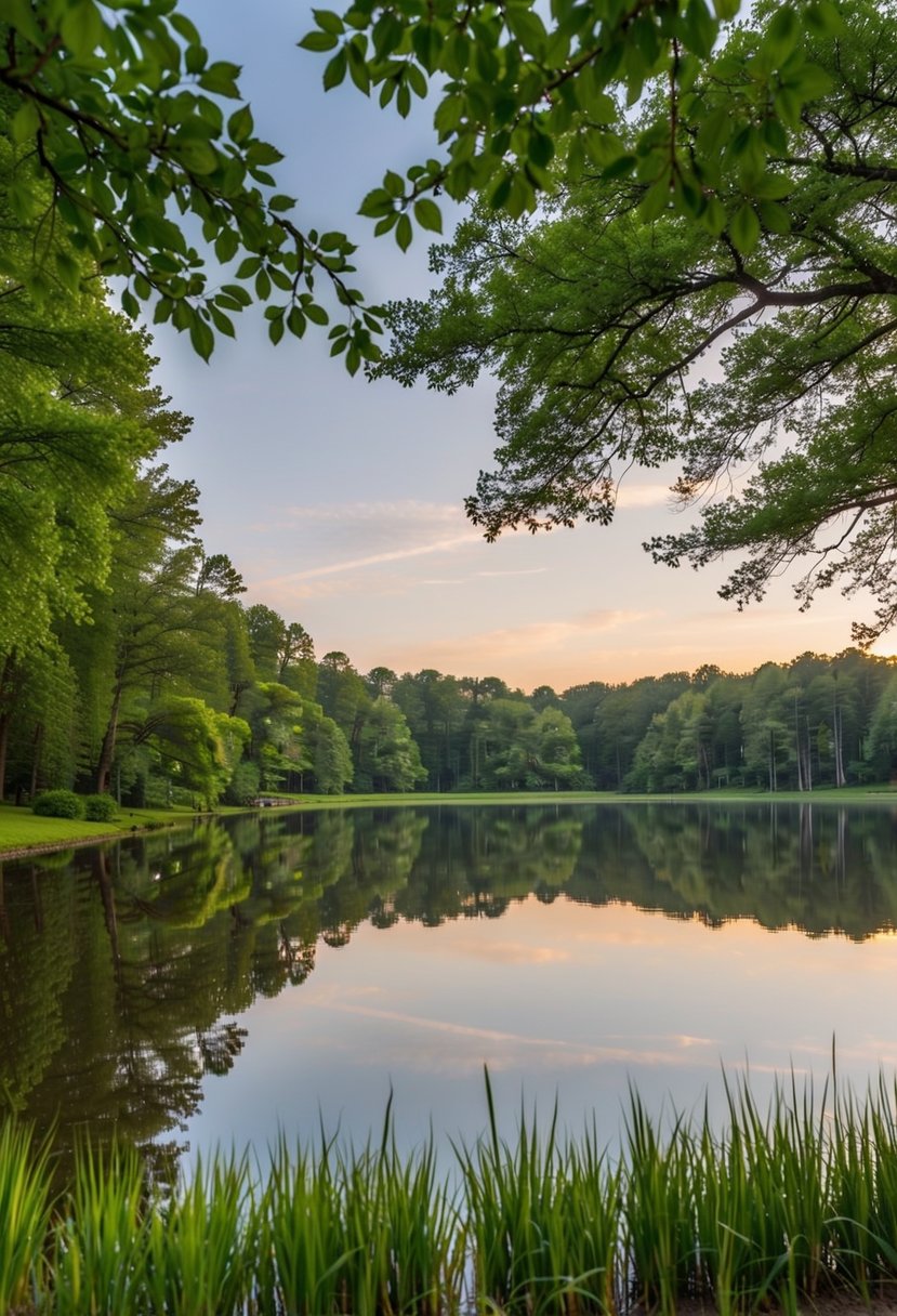 A peaceful lake surrounded by lush greenery at Barnsley Resort in Georgia