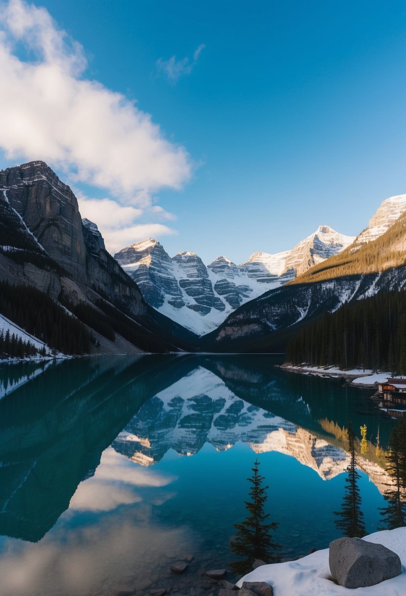 A serene mountain lake nestled among the snow-capped peaks of Banff National Park, with a cozy cabin in the distance