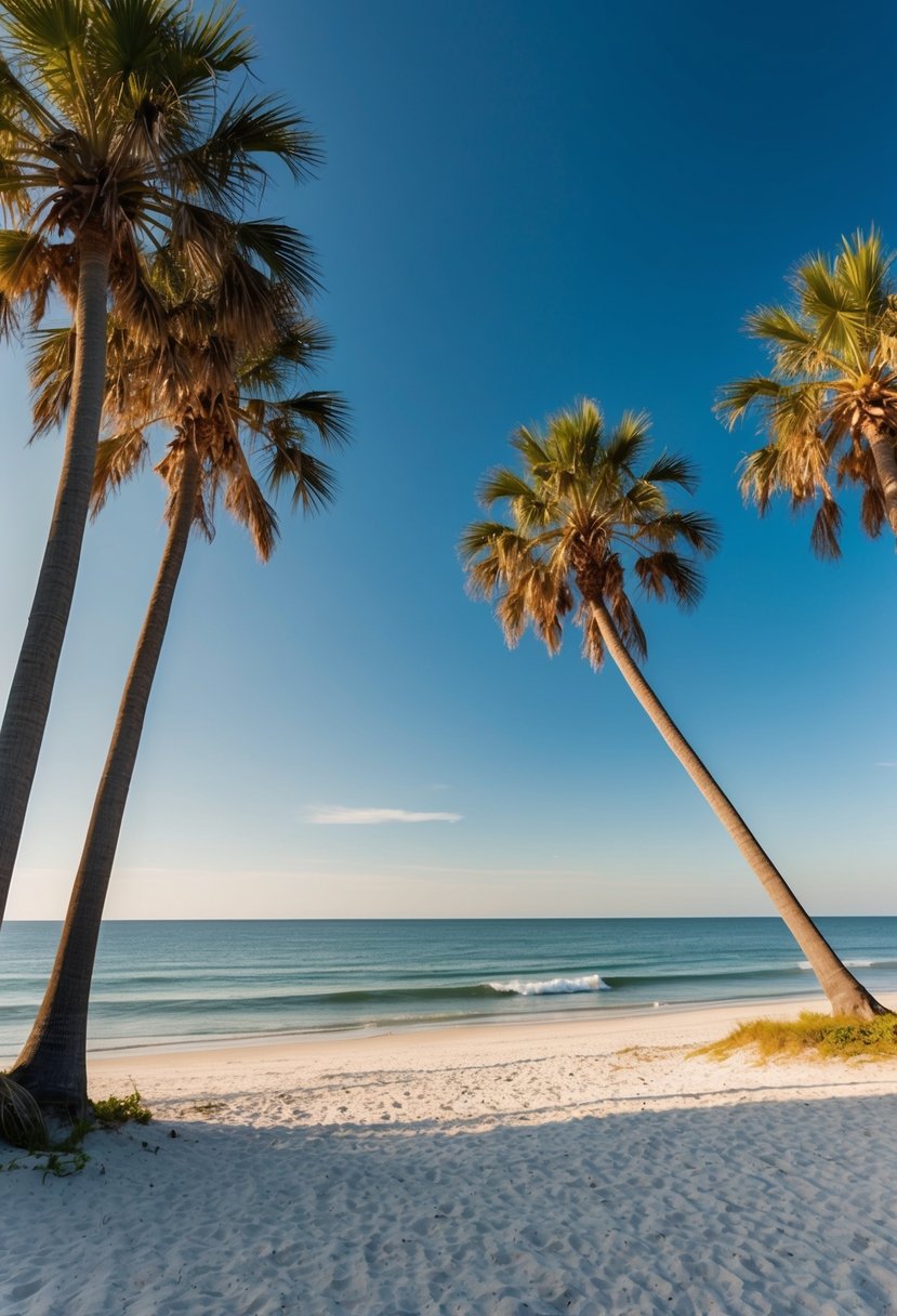 A serene beach at St. Simons Island, Georgia, with palm trees, a clear blue sky, and calm ocean waves