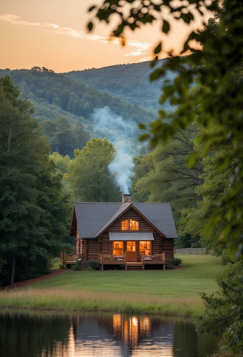 A cozy cabin nestled in the rolling hills of Georgia, surrounded by lush forests and a tranquil lake, with a warm fire crackling inside