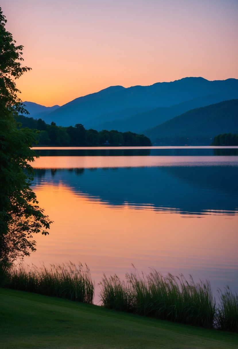 A serene lakeside with a colorful sunset reflecting on the calm waters of Lake Volta, surrounded by lush greenery and distant mountains