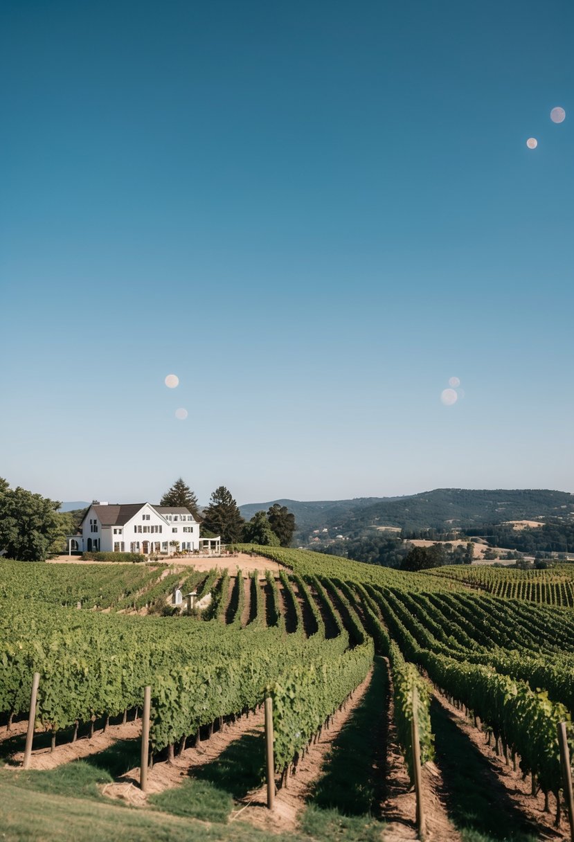 Rolling hills of vineyards under a clear blue sky, with a charming winery nestled among the lush greenery. A couple enjoys a romantic picnic in the distance