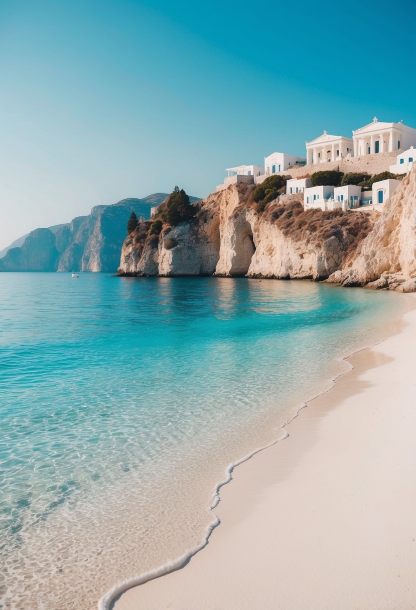 A serene beach with crystal clear waters, white sand, and a backdrop of picturesque cliffs and traditional Greek architecture