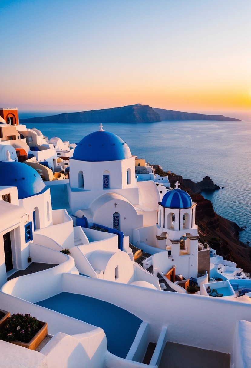 A picturesque view of Santorini's Oia, with white buildings, blue domes, and the iconic sunset over the Aegean Sea