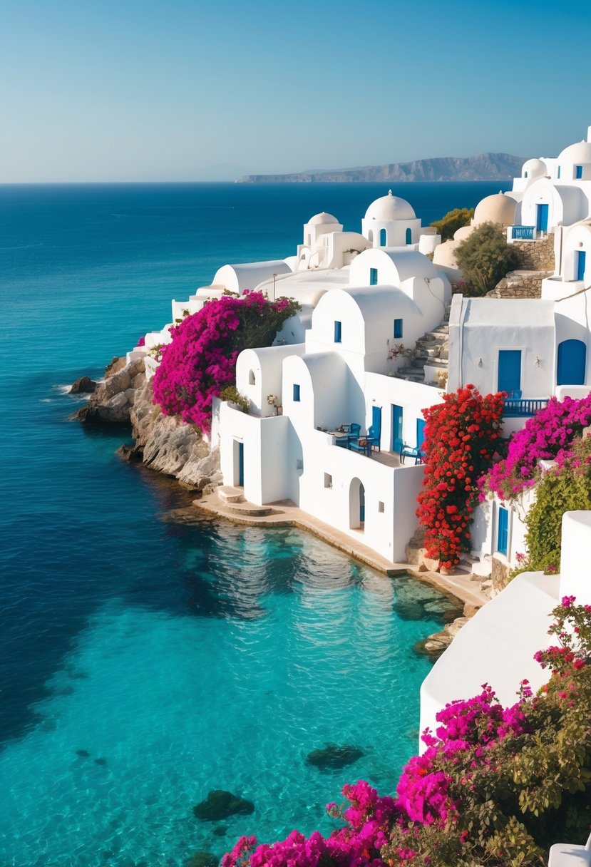 A picturesque white-washed village overlooking the turquoise waters of the Aegean Sea, with colorful bougainvillea cascading down the walls