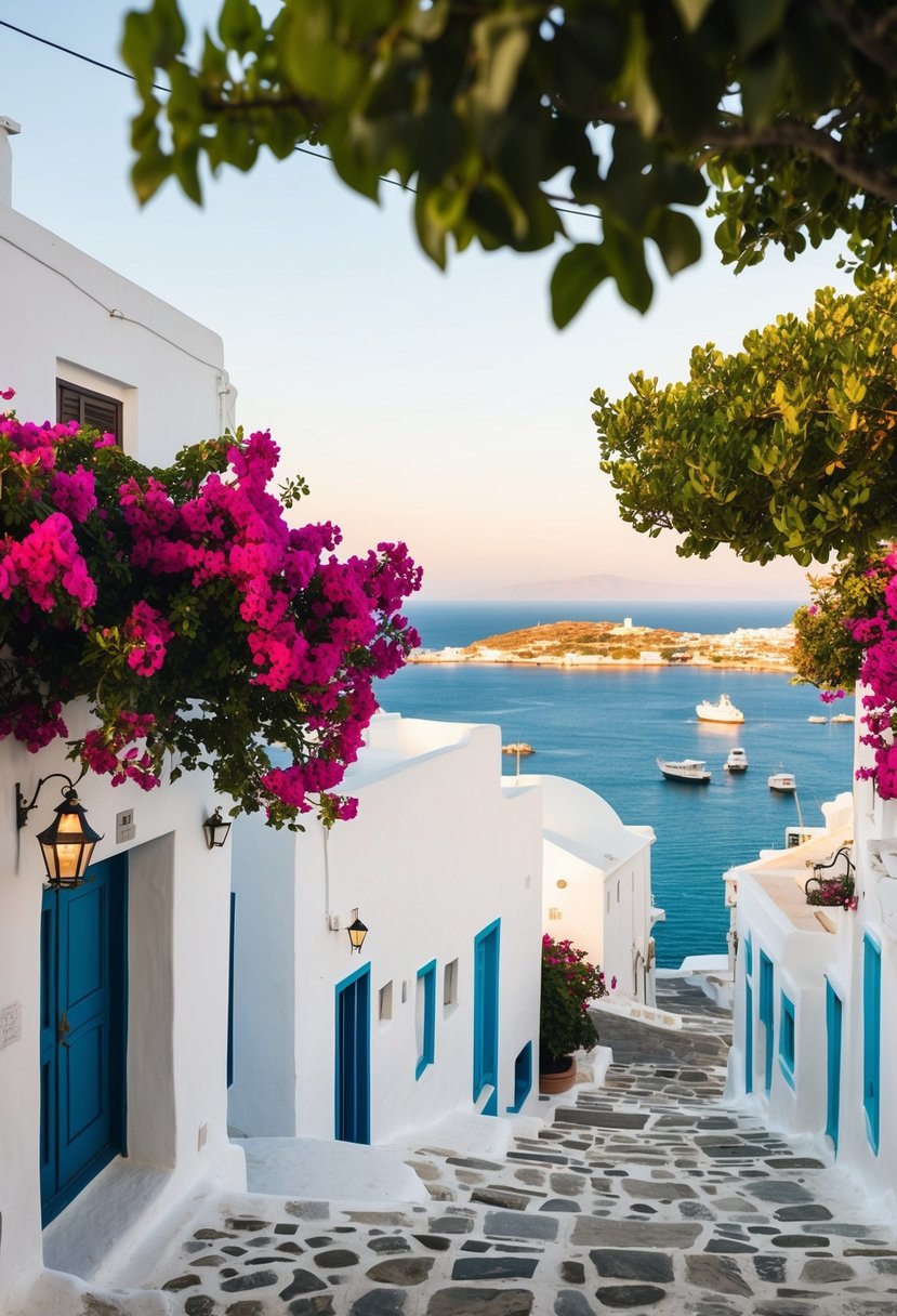A charming Mykonos Town scene with white-washed buildings, narrow streets, vibrant bougainvillea, and a picturesque harbor