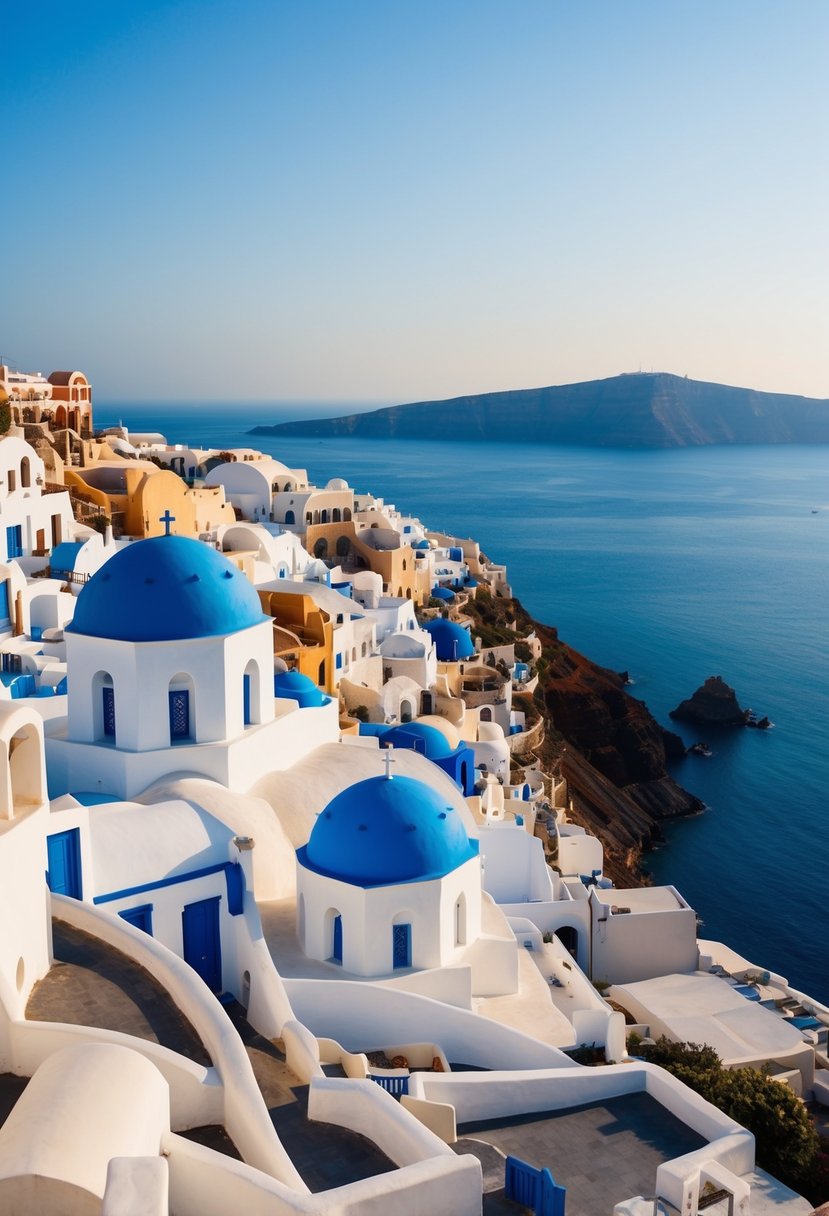 The iconic blue-domed churches and white-washed buildings of Oia Village overlook the stunning caldera, creating a picturesque scene for a dream honeymoon in Santorini, Greece