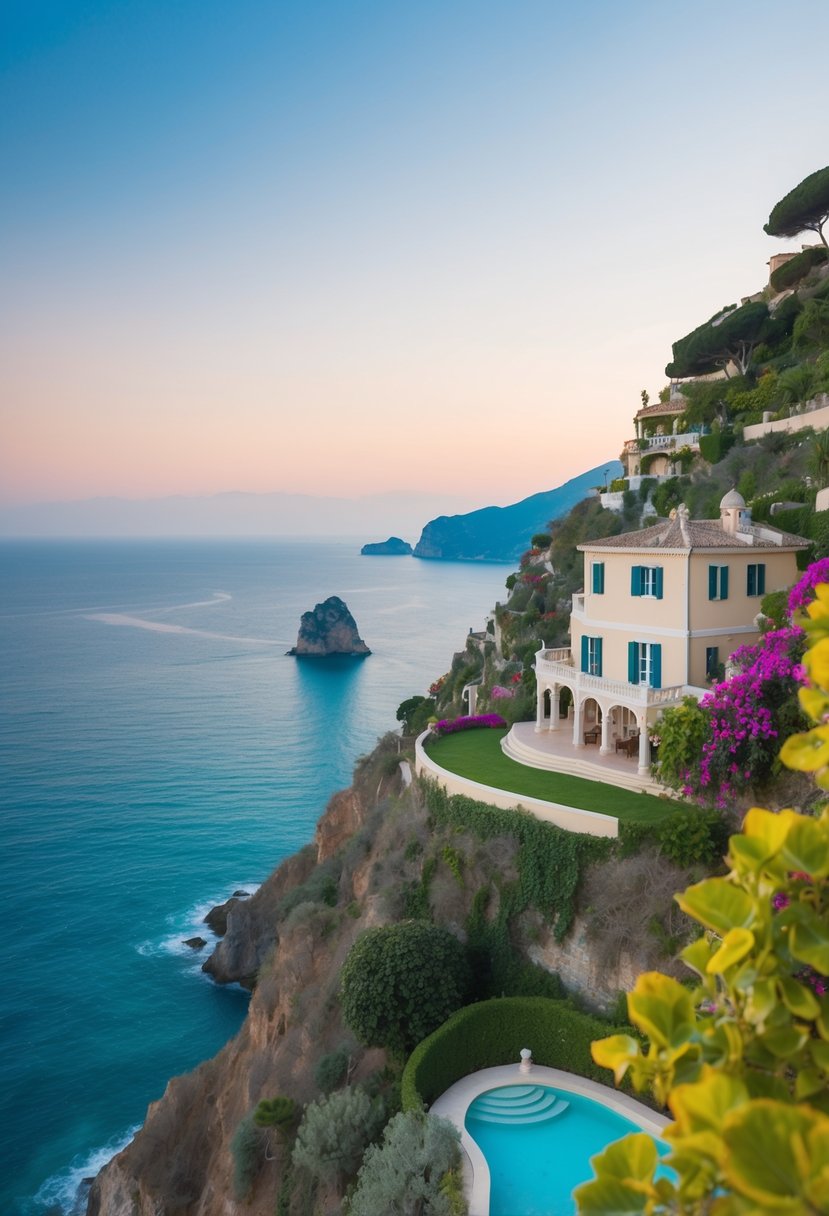 A secluded villa perched on a cliff overlooking the turquoise waters of the Amalfi Coast, surrounded by lush gardens and blooming bougainvillea