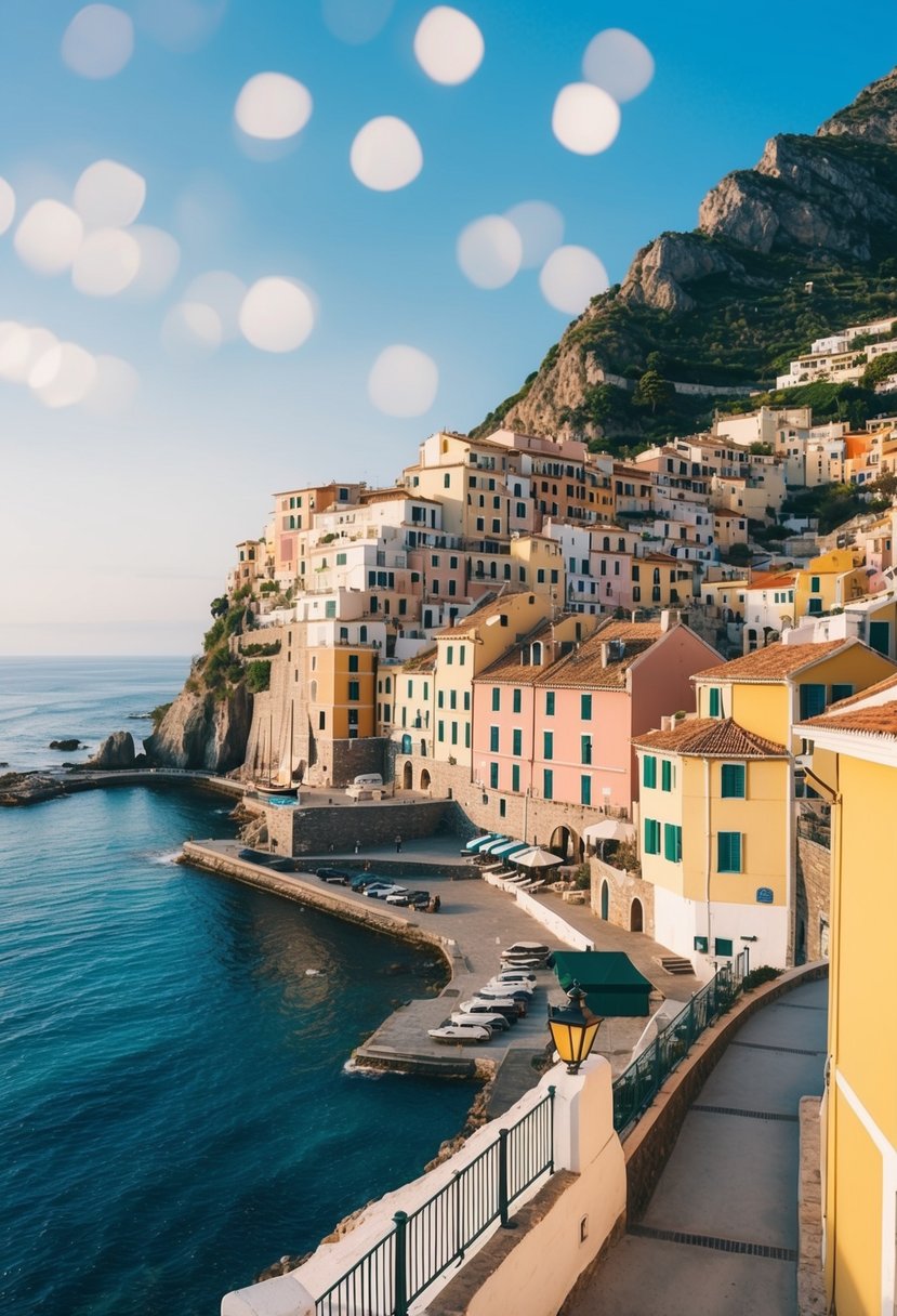 A picturesque coastal town with colorful buildings, narrow streets, and a stunning view of the sea