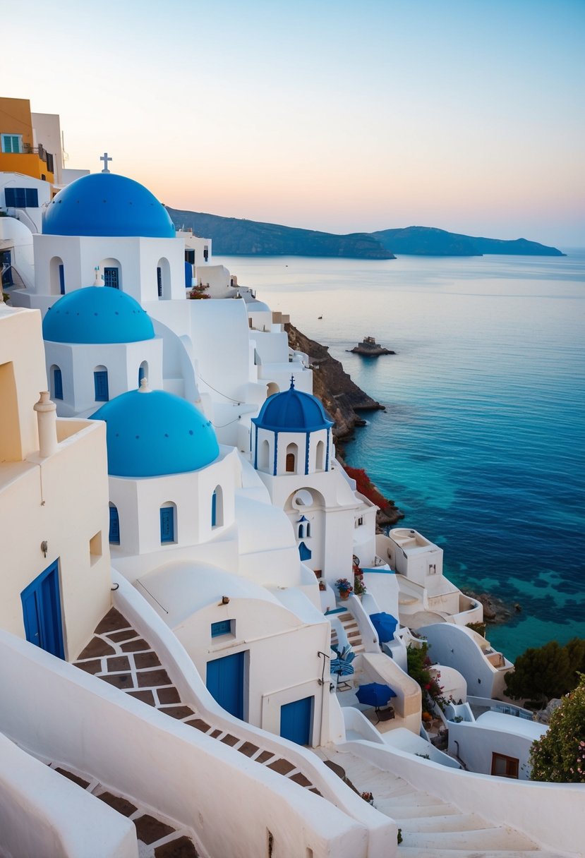 A charming scene of white-washed buildings with blue domes nestled along narrow winding streets, overlooking the crystal-clear waters of the Aegean Sea