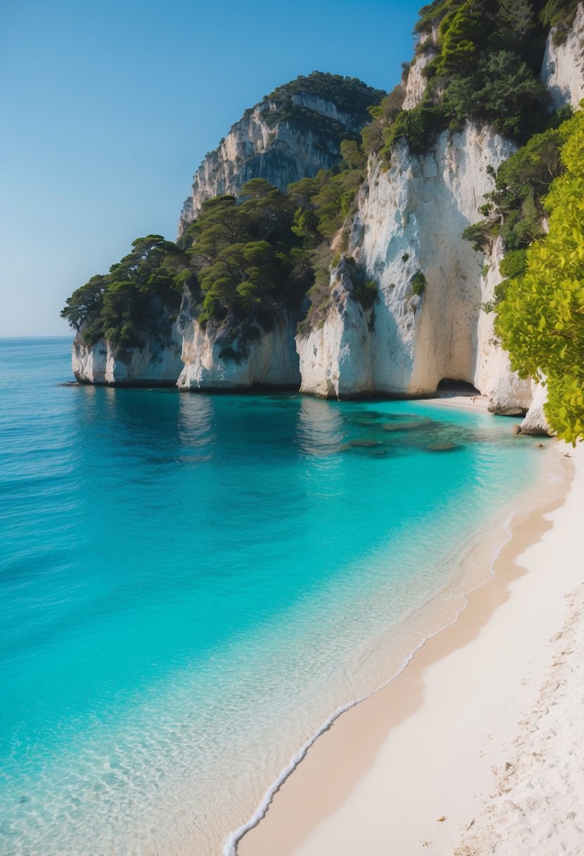 Clear turquoise waters lap against the white sandy shore of Navagio Beach, framed by towering limestone cliffs and lush greenery