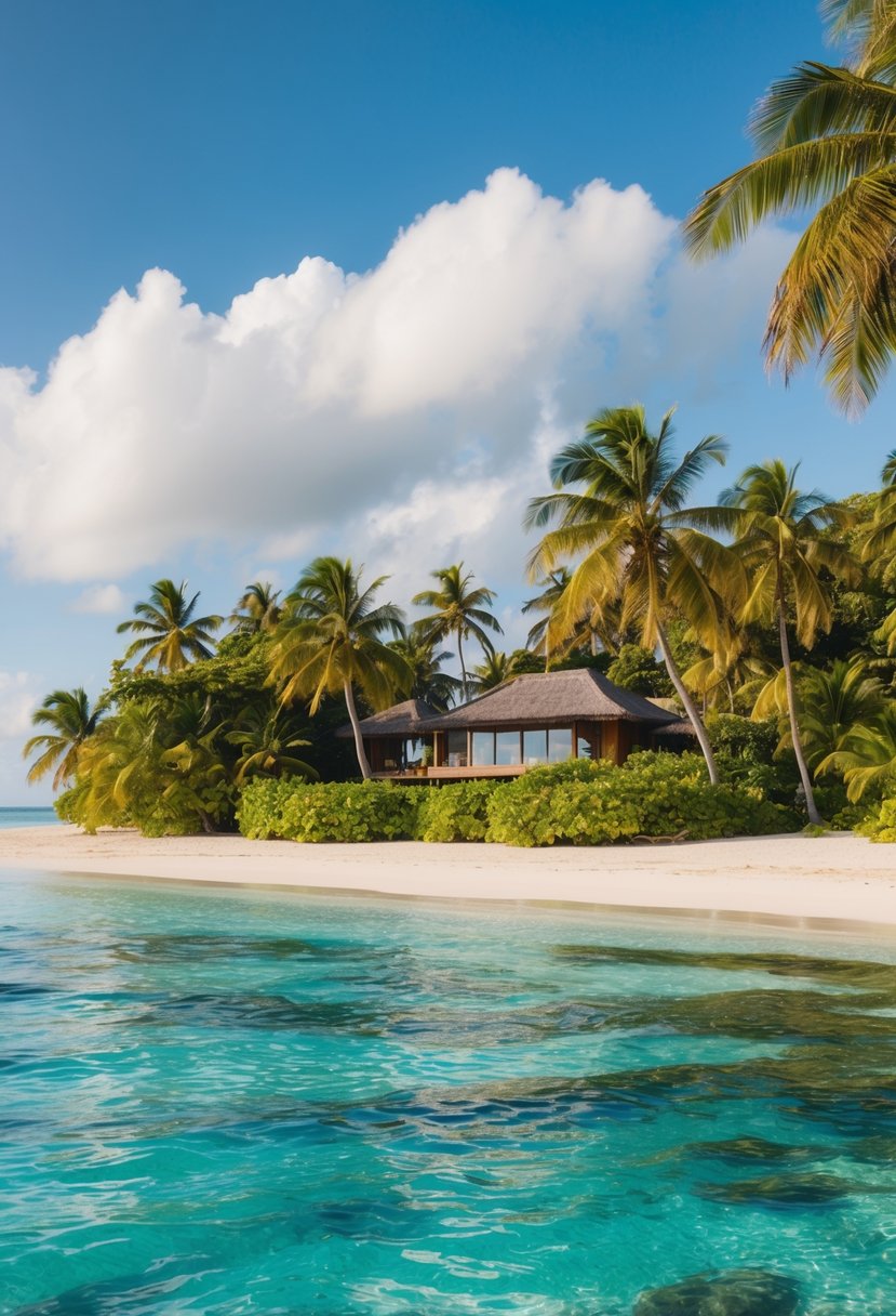 A secluded beach with crystal-clear waters, palm trees, and a luxury villa nestled among lush tropical foliage on the Fiji Islands