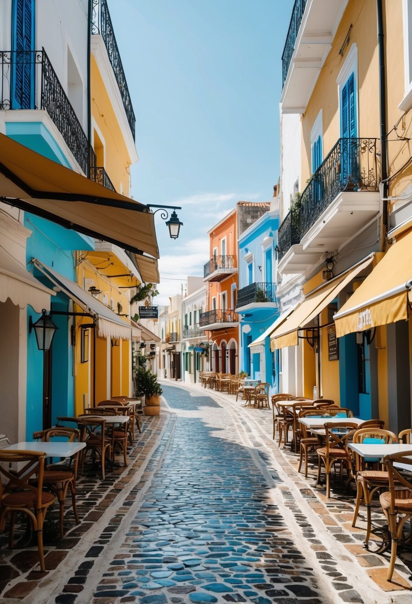 A charming cobblestone street lined with quaint cafes and colorful buildings in Rhodes Old Town, Greece